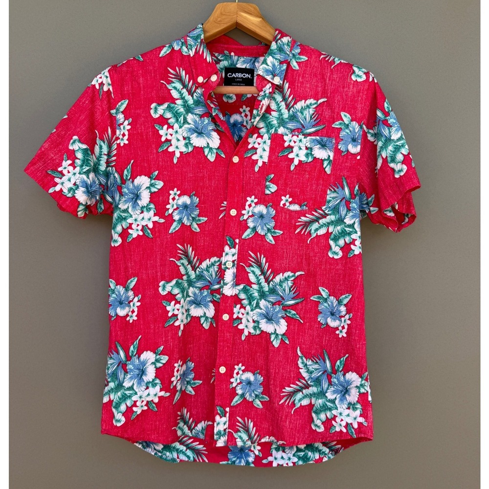 Carbon Mens L Red Floral Tropical Cotton Short Sleeve Button Down Aloha Shirt